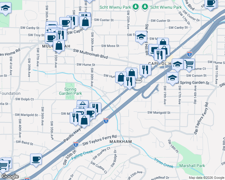 map of restaurants, bars, coffee shops, grocery stores, and more near 2701 Southwest Spring Garden Street in Portland