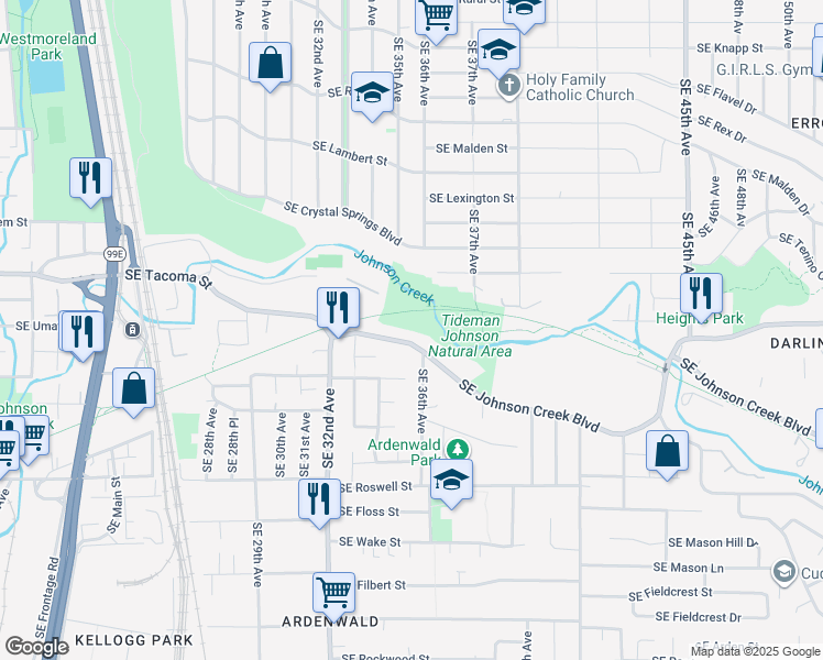 map of restaurants, bars, coffee shops, grocery stores, and more near 3515 Southeast Johnson Creek Boulevard in Milwaukie