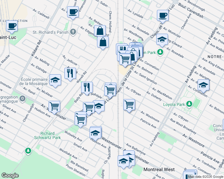 map of restaurants, bars, coffee shops, grocery stores, and more near 5501 Avenue Adalbert in Côte Saint-Luc