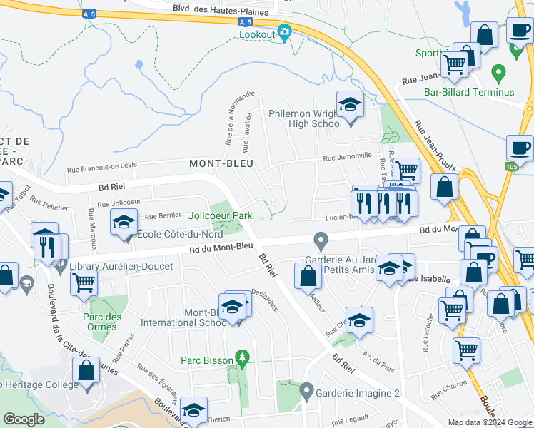 map of restaurants, bars, coffee shops, grocery stores, and more near 27 Rue des Pyrenees in Gatineau
