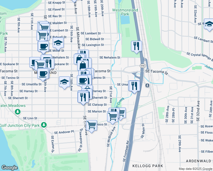 map of restaurants, bars, coffee shops, grocery stores, and more near 2012 Southeast Umatilla Street in Portland