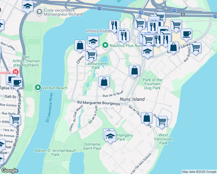 map of restaurants, bars, coffee shops, grocery stores, and more near 574 Rue de la Métairie in Montréal