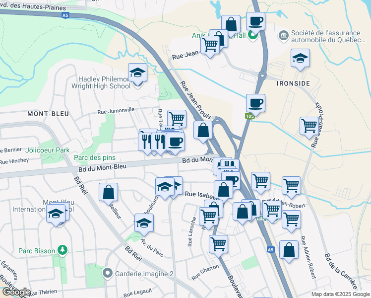 map of restaurants, bars, coffee shops, grocery stores, and more near 28 Boulevard du Mont-Bleu in Gatineau
