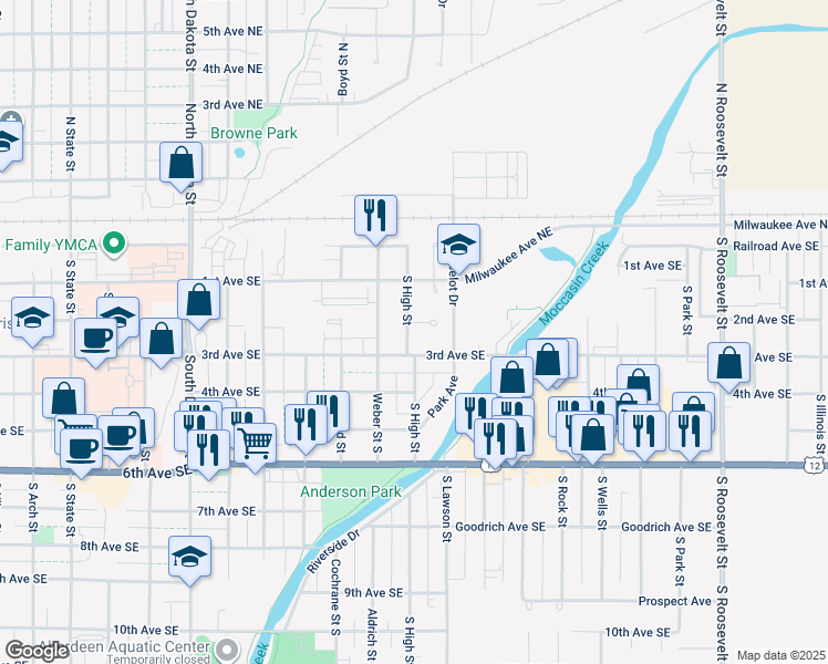 map of restaurants, bars, coffee shops, grocery stores, and more near 115 South High Street in Aberdeen
