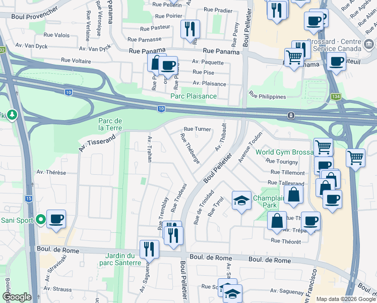 map of restaurants, bars, coffee shops, grocery stores, and more near 1225 Rue Théberge in Brossard