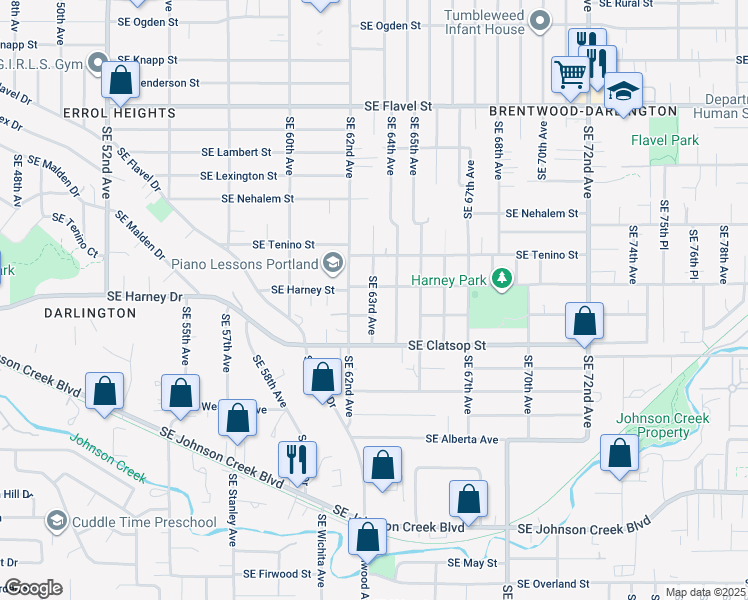 map of restaurants, bars, coffee shops, grocery stores, and more near 8315 Southeast 64th Avenue in Portland