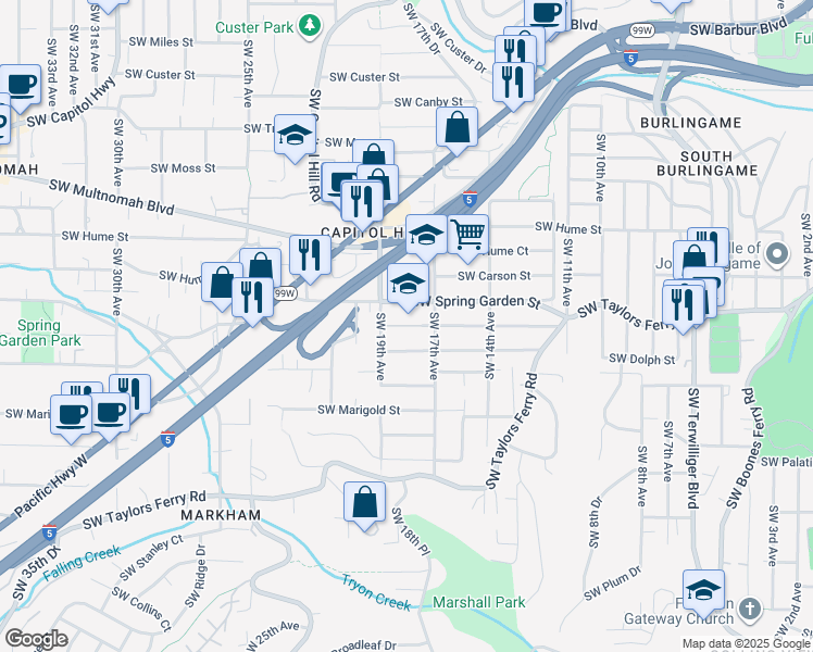 map of restaurants, bars, coffee shops, grocery stores, and more near 8535 Southwest 19th Avenue in Portland