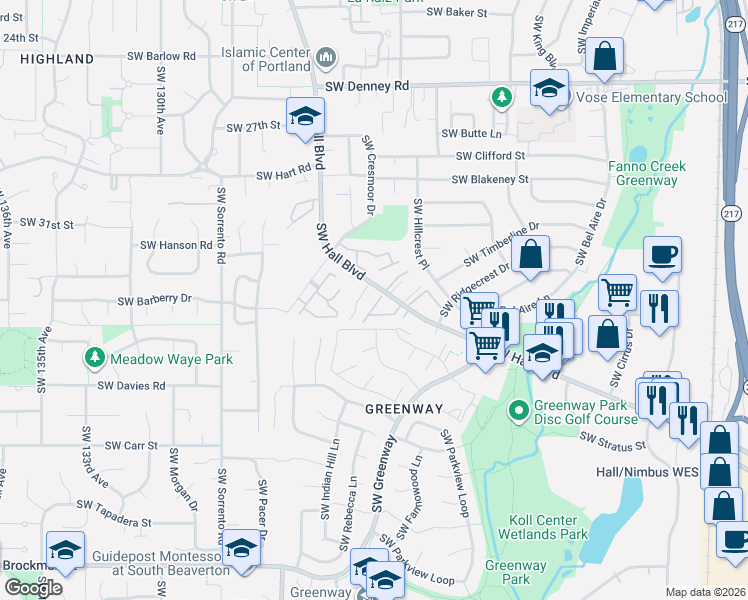 map of restaurants, bars, coffee shops, grocery stores, and more near 7805 Southwest Hall Boulevard in Beaverton