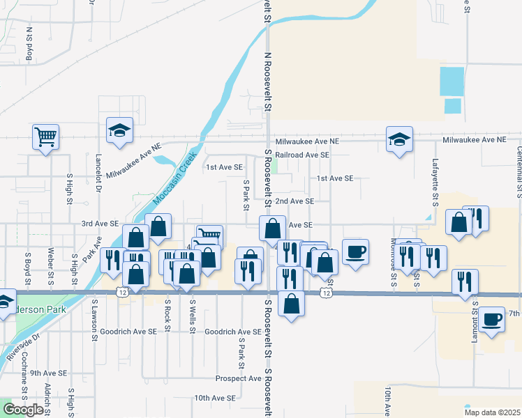 map of restaurants, bars, coffee shops, grocery stores, and more near 115-199 South Roosevelt Street in Aberdeen