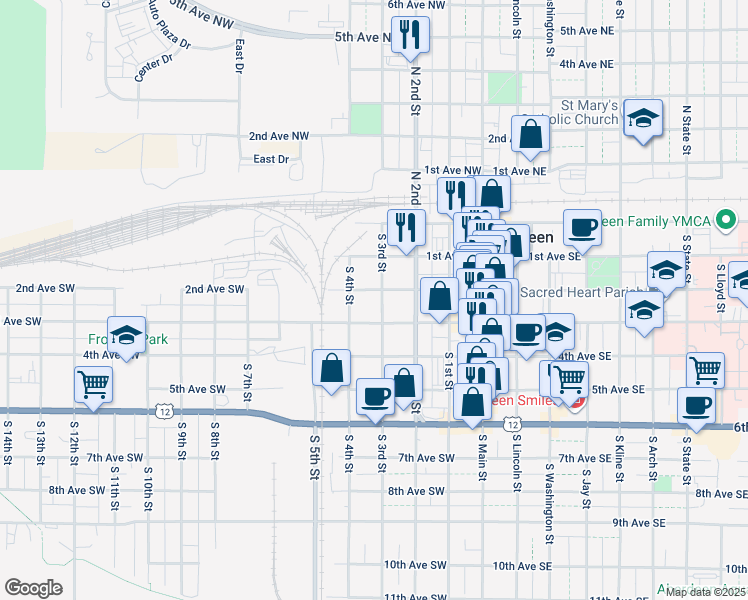 map of restaurants, bars, coffee shops, grocery stores, and more near 300-398 2nd Ave SW in Aberdeen