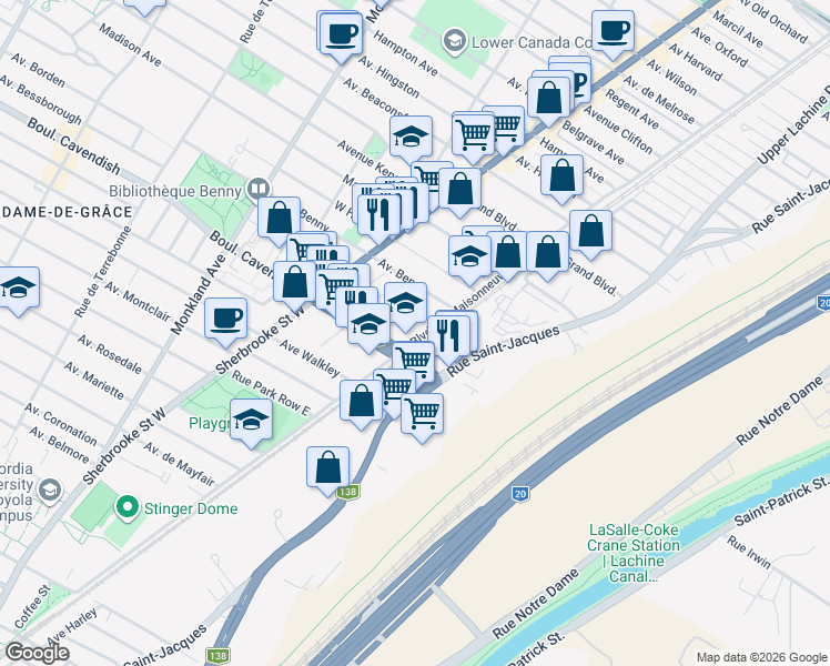 map of restaurants, bars, coffee shops, grocery stores, and more near in Montreal