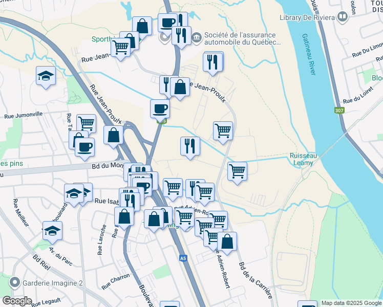 map of restaurants, bars, coffee shops, grocery stores, and more near 195 Rue Deveault in Gatineau
