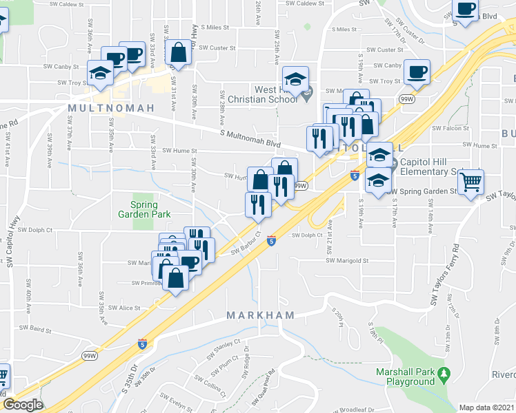 map of restaurants, bars, coffee shops, grocery stores, and more near SW Spring Garden St in Portland