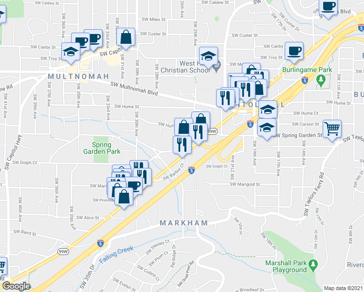 map of restaurants, bars, coffee shops, grocery stores, and more near Southwest 27th Avenue in Portland