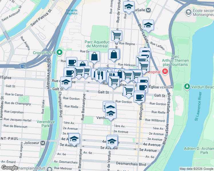 map of restaurants, bars, coffee shops, grocery stores, and more near 702 Rue de l'Église in Montréal