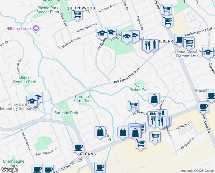 map of restaurants, bars, coffee shops, grocery stores, and more near 287 Fernleaf Crescent in Ottawa