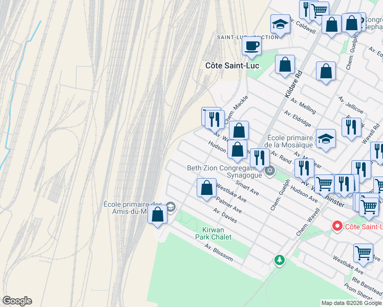 map of restaurants, bars, coffee shops, grocery stores, and more near 5821 Avenue Smart in Côte Saint-Luc
