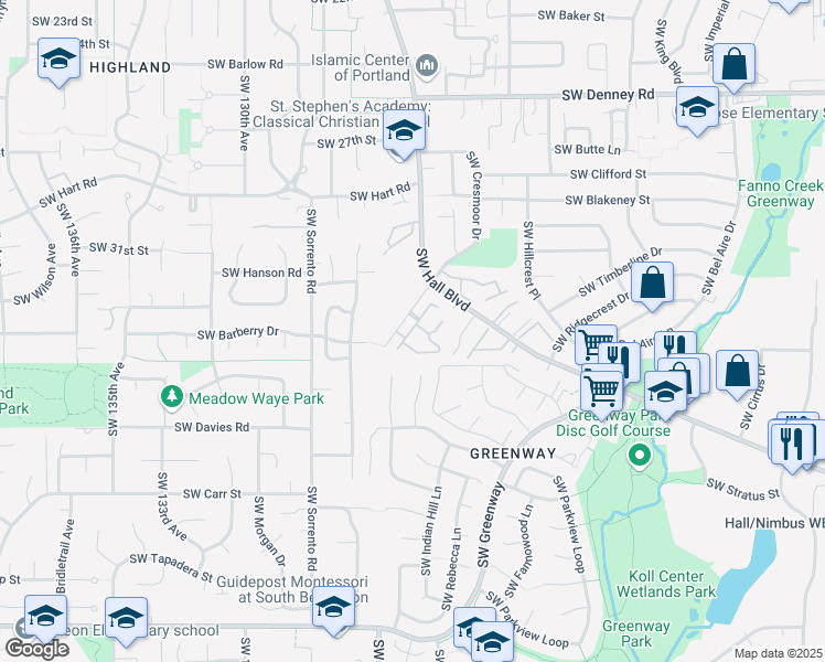 map of restaurants, bars, coffee shops, grocery stores, and more near 7860 Southwest Matheny Drive in Beaverton
