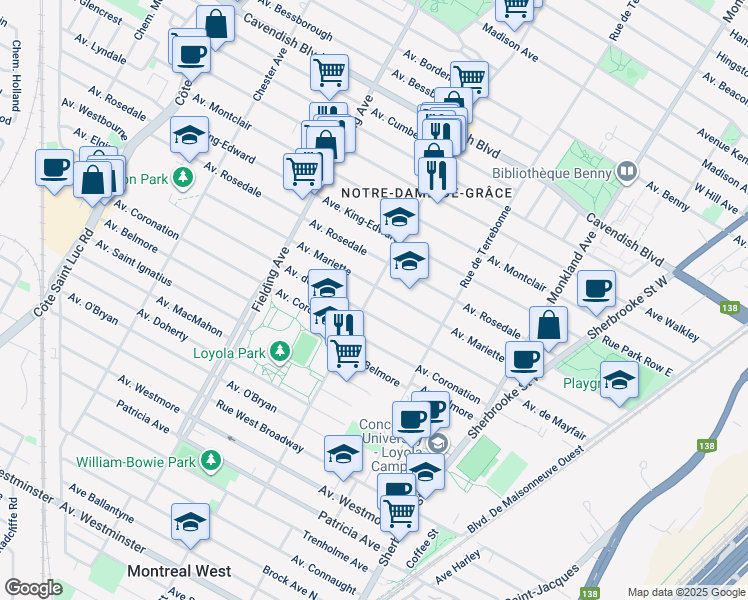 map of restaurants, bars, coffee shops, grocery stores, and more near 6928 Avenue Somerled in Montréal