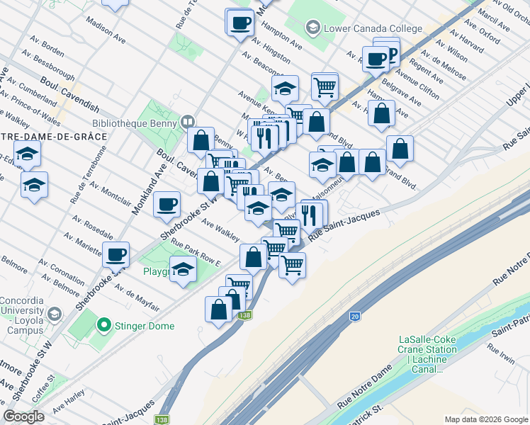 map of restaurants, bars, coffee shops, grocery stores, and more near 2525 Boulevard Cavendish in Montréal