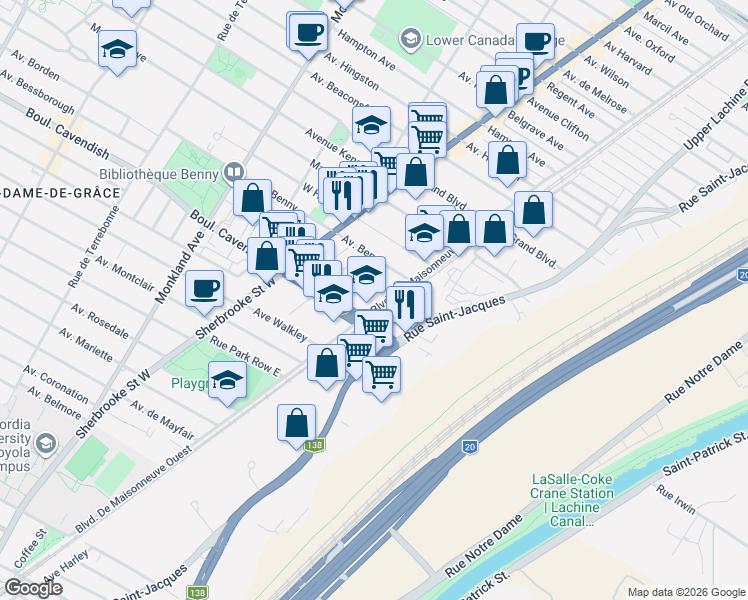 map of restaurants, bars, coffee shops, grocery stores, and more near 6455 Boulevard De Maisonneuve Ouest in Montreal