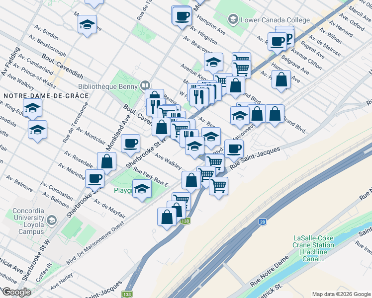 map of restaurants, bars, coffee shops, grocery stores, and more near 2600 Boulevard Cavendish in Montréal