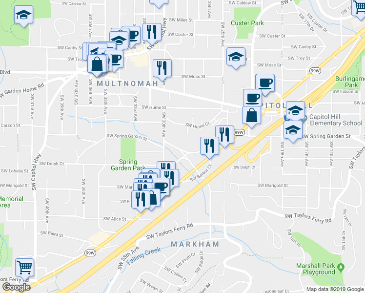 map of restaurants, bars, coffee shops, grocery stores, and more near 2819 Southwest Spring Garden Street in Portland