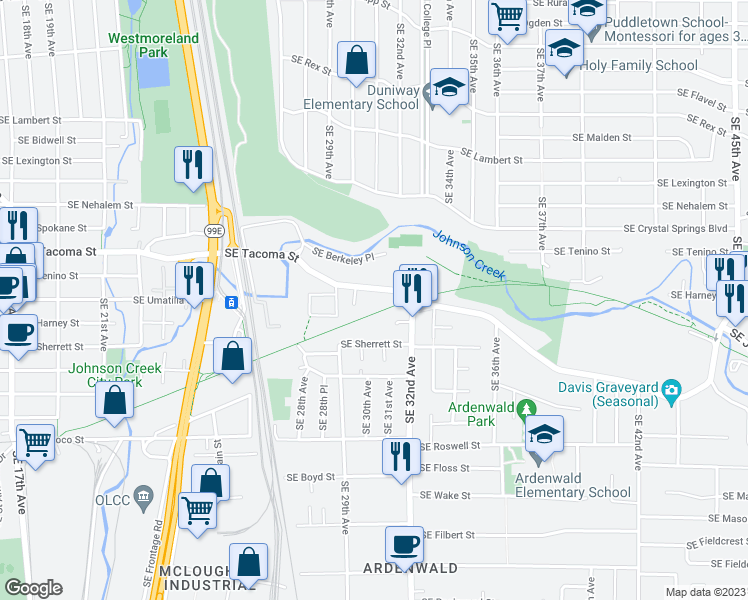 map of restaurants, bars, coffee shops, grocery stores, and more near 3024 Southeast Tacoma Street in Portland