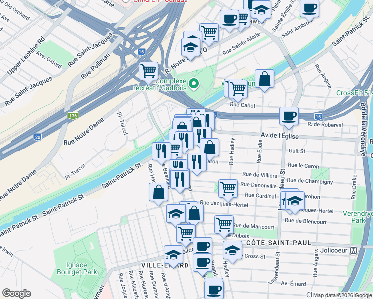 map of restaurants, bars, coffee shops, grocery stores, and more near 2323 Rue le Caron in Montréal