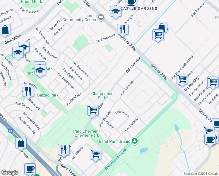 map of restaurants, bars, coffee shops, grocery stores, and more near 6010 Boulevard Chevrier in Brossard