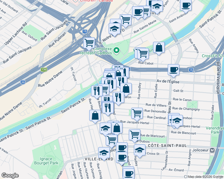 map of restaurants, bars, coffee shops, grocery stores, and more near 5600 Rue Briand in Montréal