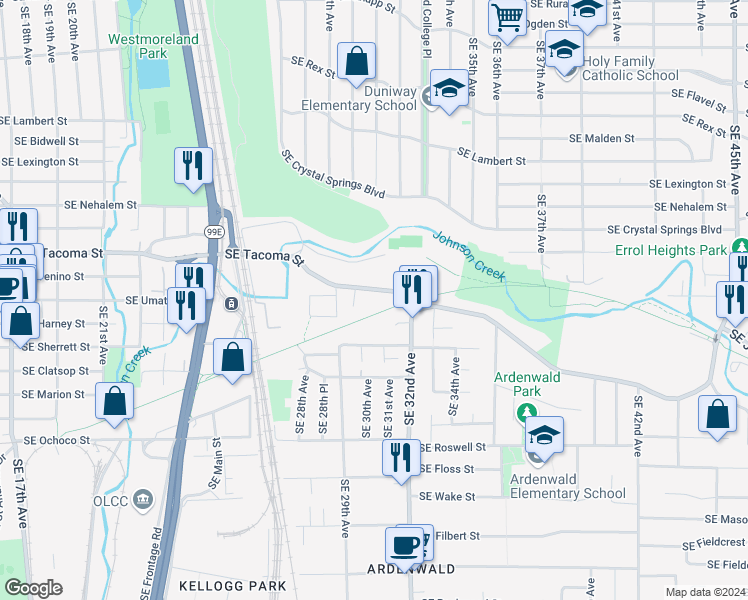 map of restaurants, bars, coffee shops, grocery stores, and more near 3043 Southeast Tacoma Street in Portland
