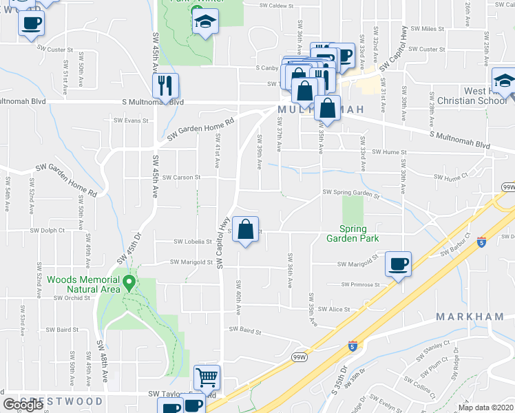 map of restaurants, bars, coffee shops, grocery stores, and more near 3822 Southwest Spring Garden Street in Portland