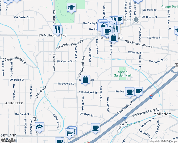 map of restaurants, bars, coffee shops, grocery stores, and more near 3822 Southwest Spring Garden Street in Portland