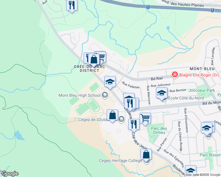 map of restaurants, bars, coffee shops, grocery stores, and more near 420 Boulevard de la Cité-des-Jeunes in Gatineau