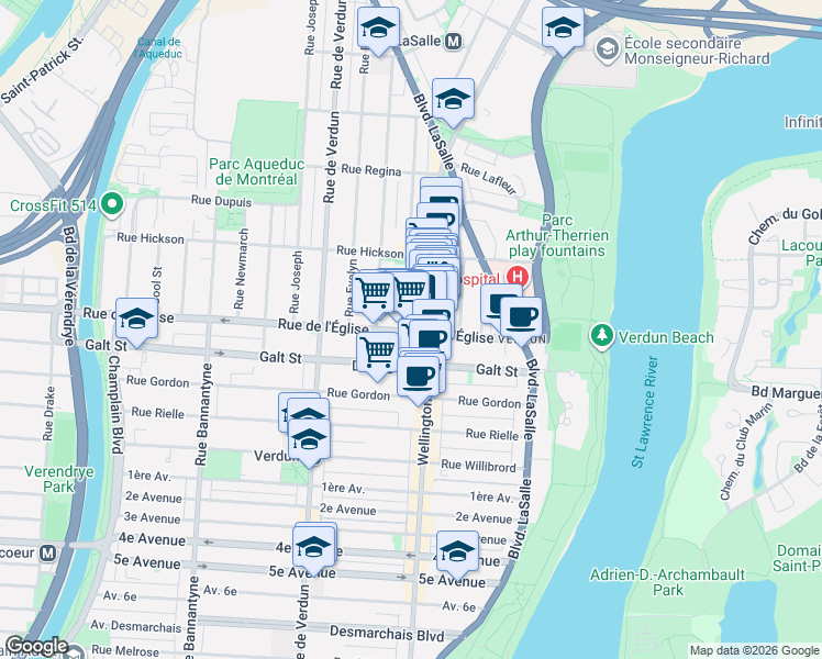 map of restaurants, bars, coffee shops, grocery stores, and more near 301 Rue de l'Église in Montréal