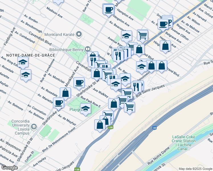 map of restaurants, bars, coffee shops, grocery stores, and more near 3280 Boulevard Cavendish in Montréal