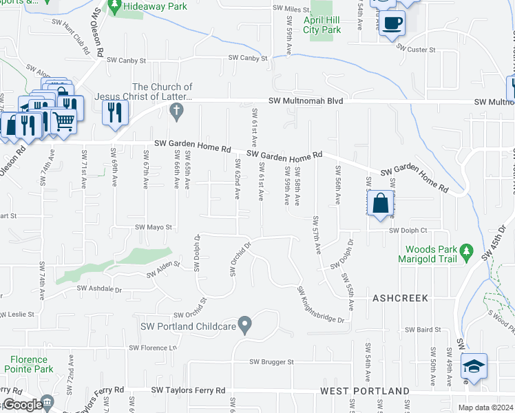 map of restaurants, bars, coffee shops, grocery stores, and more near 8609 Southwest 61st Avenue in Portland
