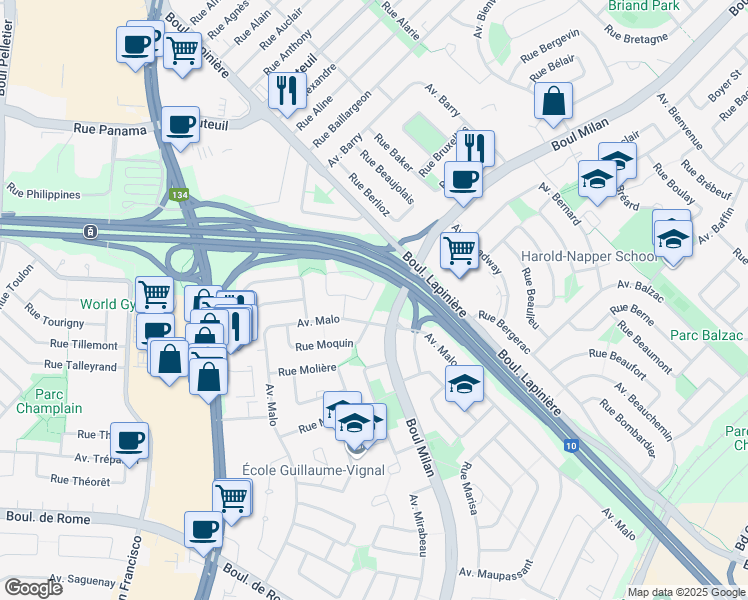 map of restaurants, bars, coffee shops, grocery stores, and more near 2748 Croissant Marseille in Brossard