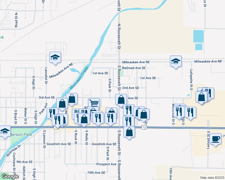 map of restaurants, bars, coffee shops, grocery stores, and more near 122 South Park Street in Aberdeen