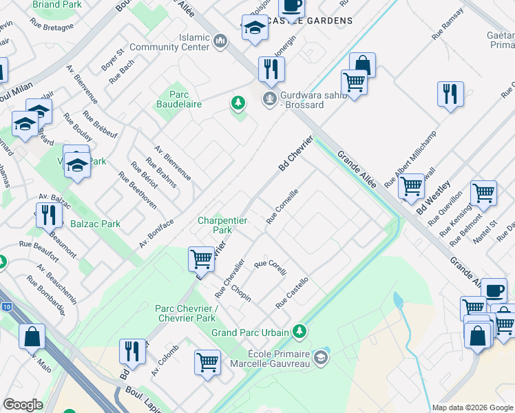 map of restaurants, bars, coffee shops, grocery stores, and more near 6405 Rue Corbière in Brossard