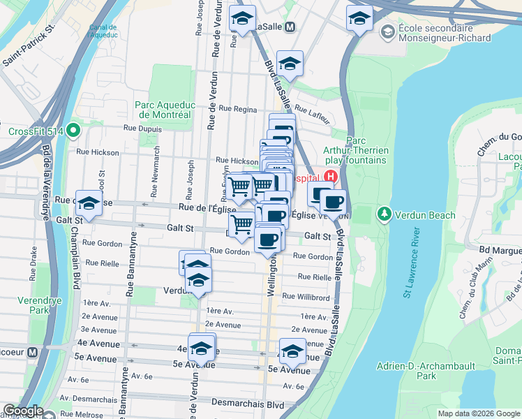 map of restaurants, bars, coffee shops, grocery stores, and more near 311 Rue de l'Église in Montréal