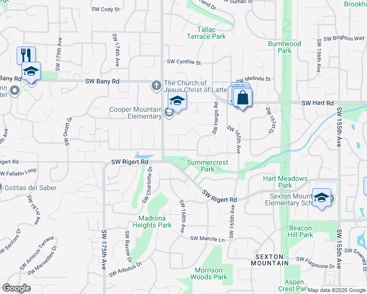 map of restaurants, bars, coffee shops, grocery stores, and more near 16774 Southwest Shelby Court in Beaverton