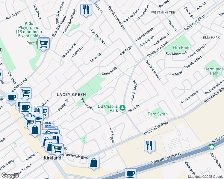 map of restaurants, bars, coffee shops, grocery stores, and more near 10 Rue de la Chaudière in Kirkland