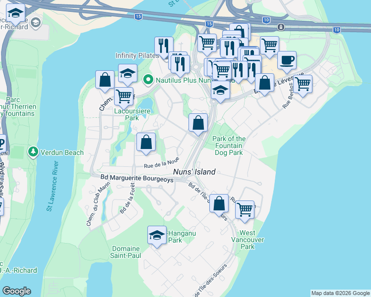 map of restaurants, bars, coffee shops, grocery stores, and more near 755 Rue de la Noue in Montréal