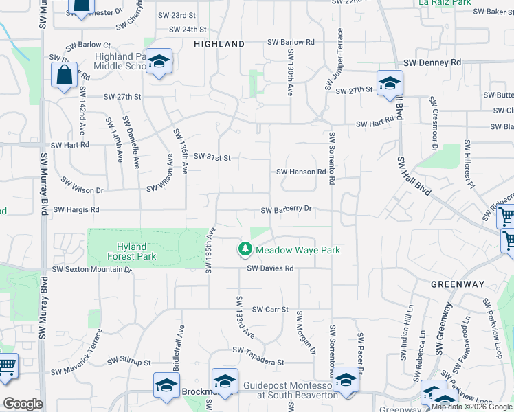 map of restaurants, bars, coffee shops, grocery stores, and more near 13205 Southwest Barberry Drive in Beaverton