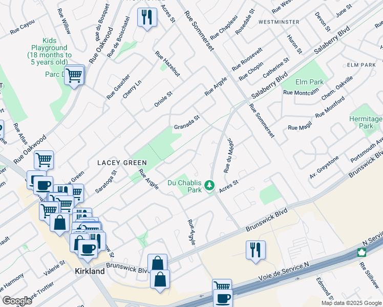map of restaurants, bars, coffee shops, grocery stores, and more near 10 Rue de la Chaudière in Kirkland