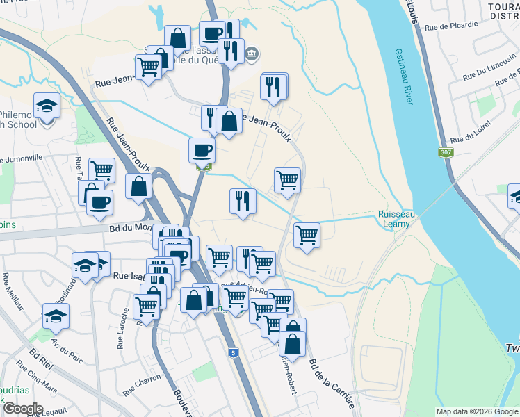 map of restaurants, bars, coffee shops, grocery stores, and more near 207 Rue Deveault in Gatineau