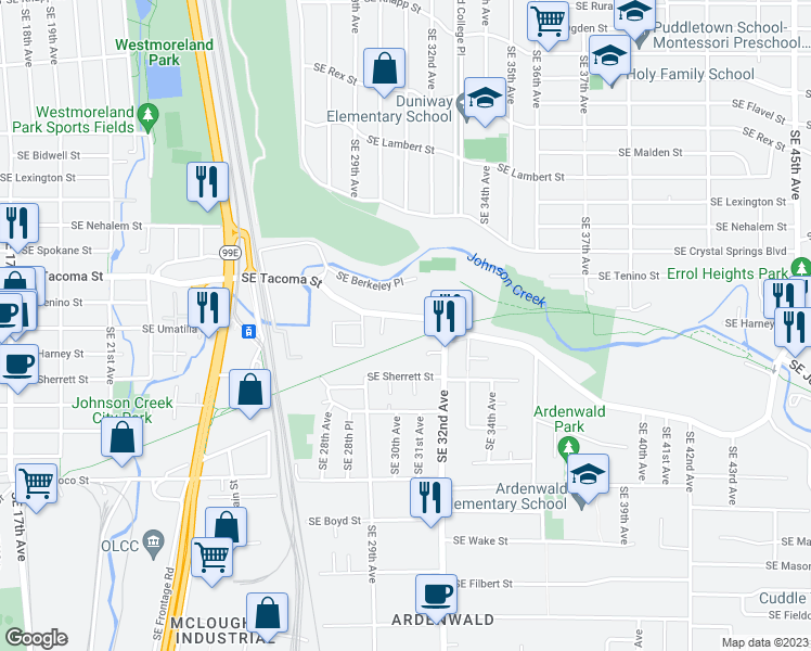map of restaurants, bars, coffee shops, grocery stores, and more near 3026 Southeast Tacoma Street in Portland