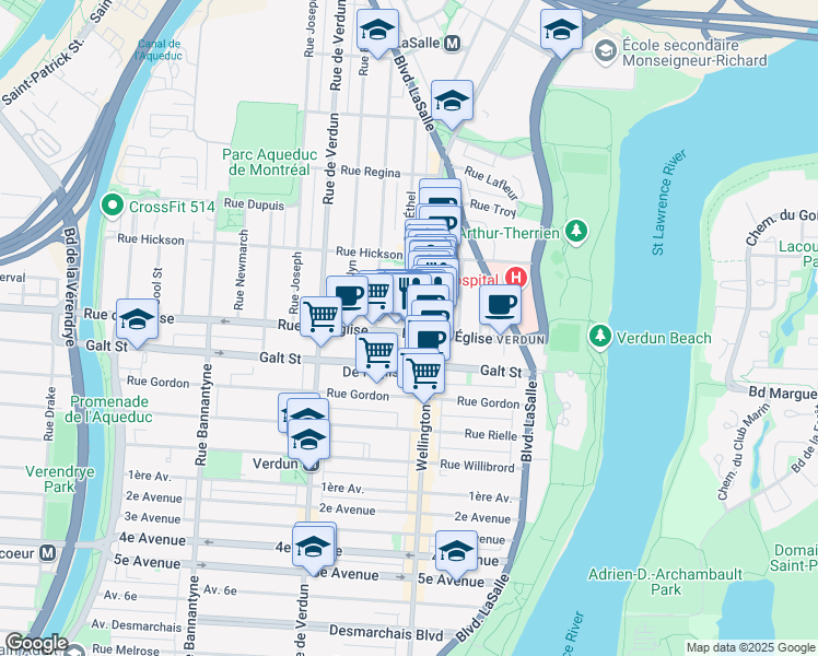 map of restaurants, bars, coffee shops, grocery stores, and more near 311 Rue de l'Église in Montréal